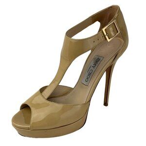Jimmy Choo Nude Patent Leather T Strap Peep Toe Platform Sandals size 7